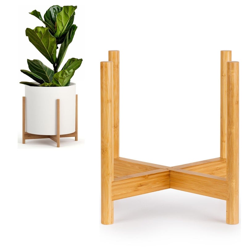 Fox & Fern Bamboo Plant Stand â€” 14.9 Inch Fixed Size Wooden Mid Century Planter Stand for Indoor Plants (Not Included) - Extra Large Flower Pot Holder for Indoor Big Pots - Plug In Design - Bamboo - Image 1